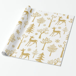 Gold Glitter Deer And Trees Wrapping Paper