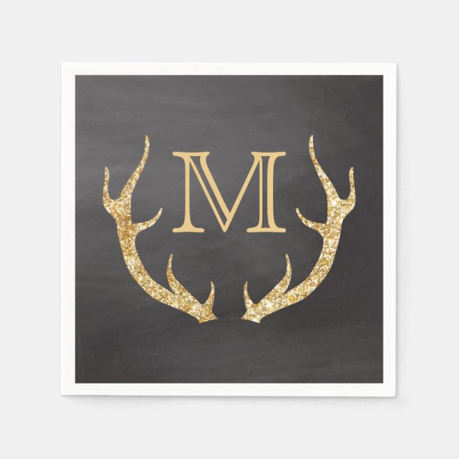 Gold Glitter Deer Antlers Chalkboard Monogram Napkin (Front)