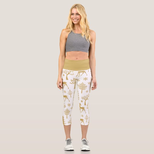 Gold Glitter Deer Capri Leggings (Front)