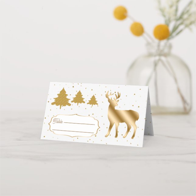 Gold Glitter Deer & Glitter Trees Place Card (Front)