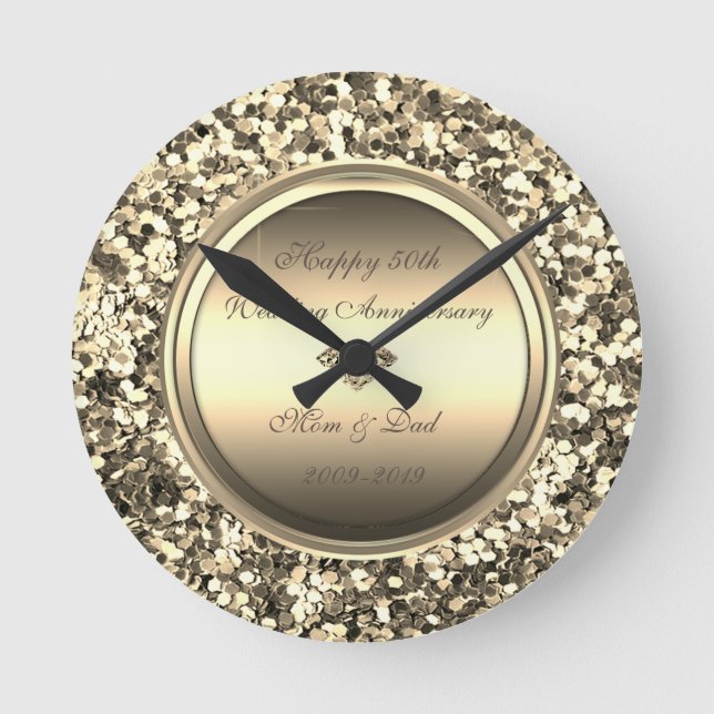 Gold Glitter Diamond  50th Wedding Anniversary Round Clock (Front)
