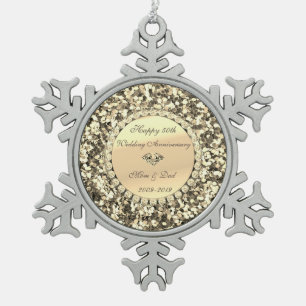 Gold Glitter  Diamond 50th Wedding Anniversary Snowflake Pewter Christmas Ornament