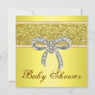 Gold Glitter Diamond Bow Baby Shower Invitation