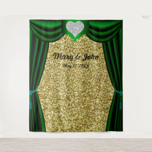 Gold Glitter Diamond Heart Green Curtain Backdrop Tapestry