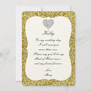 Gold Glitter Diamond Heart Maid Of Honour Card