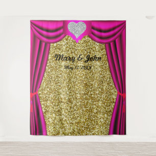 Gold Glitter Diamond Heart Pink Curtain Backdrop Tapestry