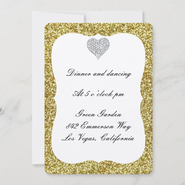 Gold Glitter Diamond Heart Reception Card (Front)