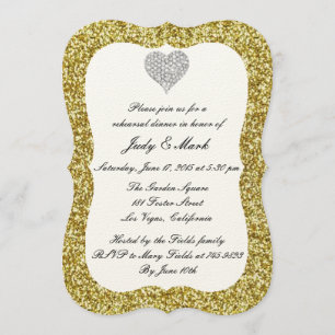 Gold Glitter Diamond Heart Rehearsal Dinner Invite
