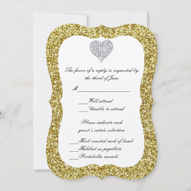 Gold Glitter Diamond Heart Response Card (Front)