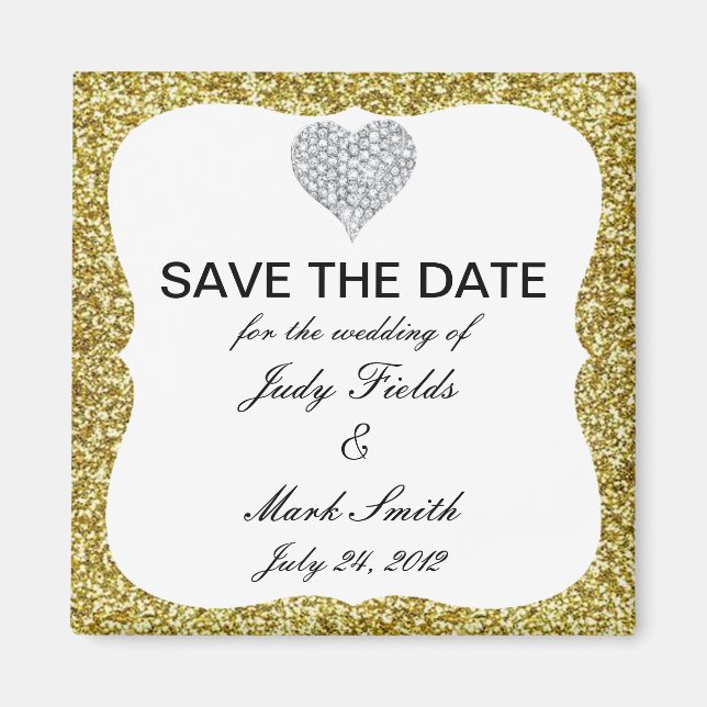 Gold Glitter Diamond Heart Save The Date Magnet (Front)