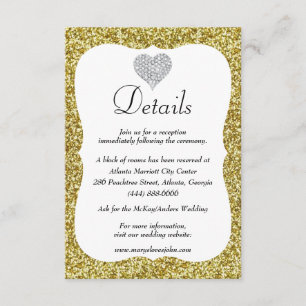 Gold Glitter Diamond Heart Wedding Details Enclosure Card