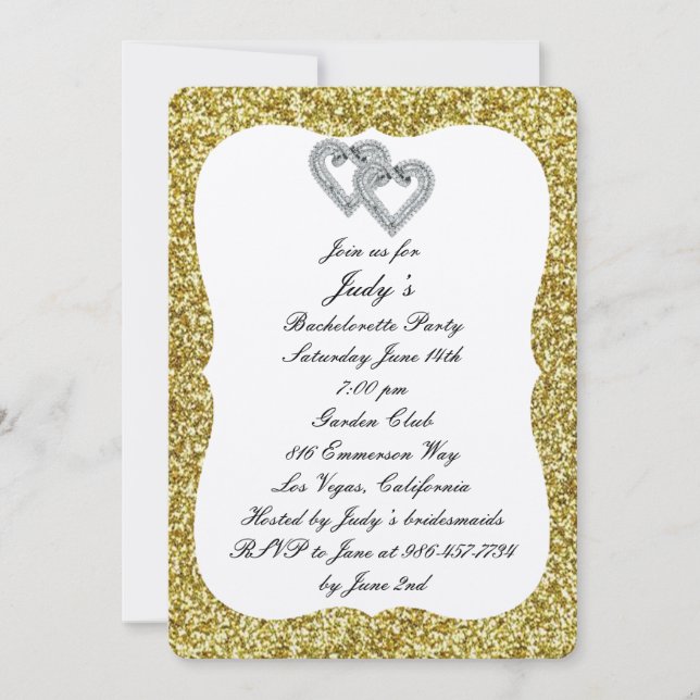 Gold Glitter Diamond Hearts Bachelorette Party Invitation (Front)