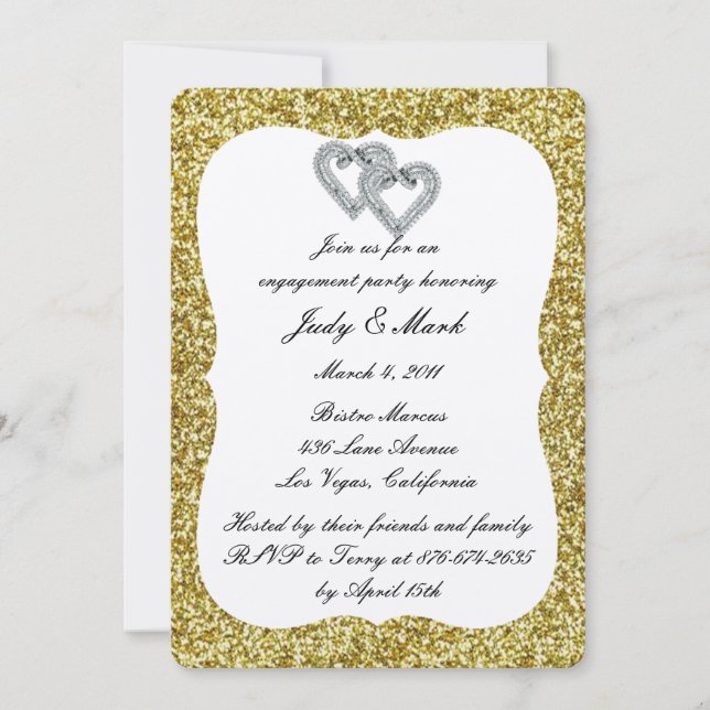 Gold Glitter Diamond Hearts Engagement Party Invitation (Front)