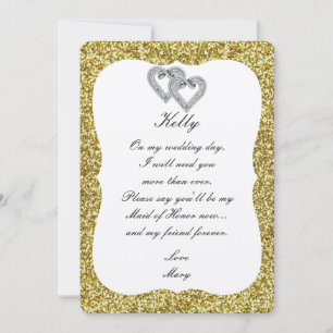 Gold Glitter Diamond Hearts Maid Of Honour Card