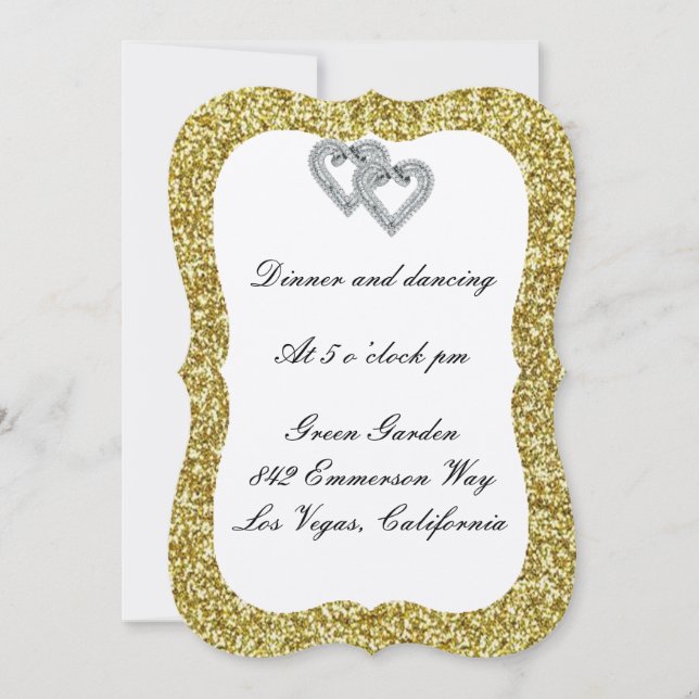 Gold Glitter Diamond Hearts Reception Card (Front)