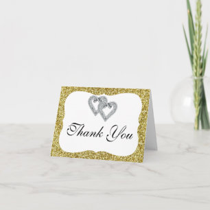 Gold Glitter Diamond Hearts Thank You Card