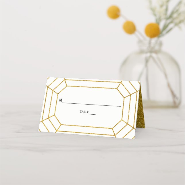 Gold glitter diamond jewel wedding folded escort place card (Front)