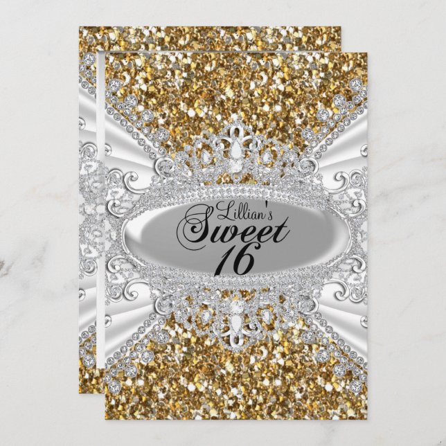 Gold Glitter Diamond Tiara Sweet 16 Invite (Front/Back)