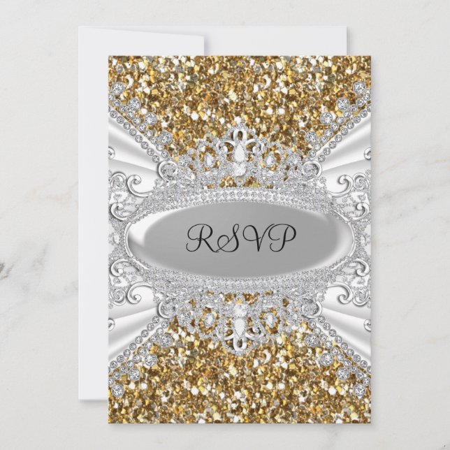 Gold Glitter & Diamond Tiara Sweet 16 RSVP Invitation (Front)