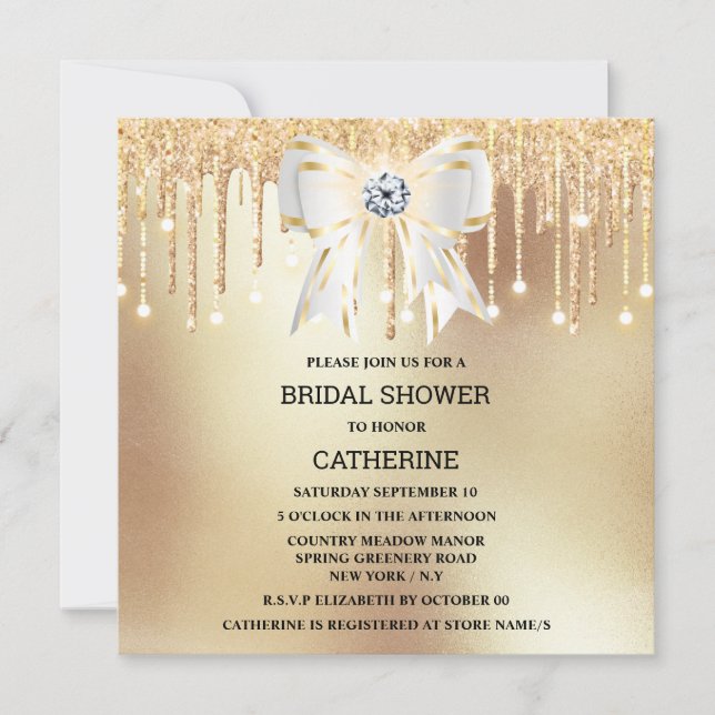 Gold glitter diamond white bow shimmer lights invitation (Front)