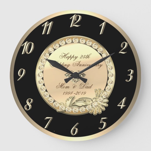 Gold Glitter Diamonds 25th Wedding Anniversary Large Clock (Front)