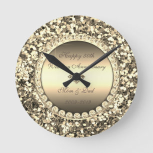 Gold Glitter Diamonds  50th Wedding Anniversary Round Clock