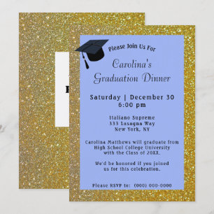 Gold Glitter Dinner Blue Graduation Invitation