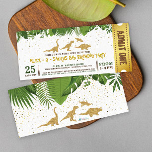 Gold Glitter Dinosaur Forest Ticket Pass Invitation