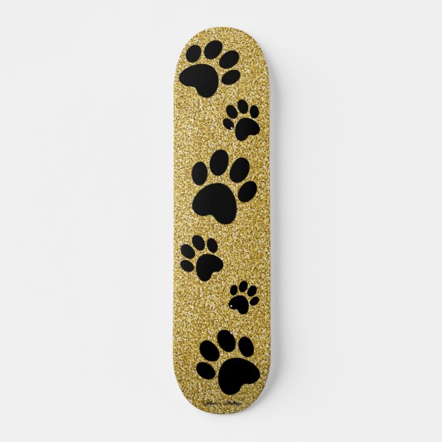 Gold Glitter Dog Paw Prints Modern Girly Sparkle Skateboard (Front)
