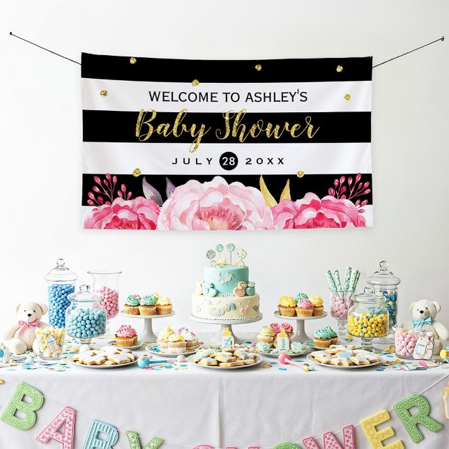 Gold Glitter Dots Floral Stripes Baby Shower Party Banner (Creator Uploaded)