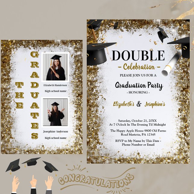 Gold Glitter Double Graduation Two Photo Graduates Invitation (Creator Uploaded)