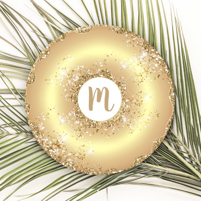 Gold glitter doughnut monogram script bold luxury round paper coaster (Creator Uploaded)