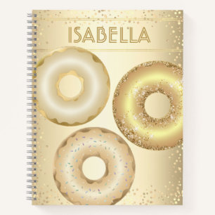 Gold glitter doughnuts modern glam girly name notebook