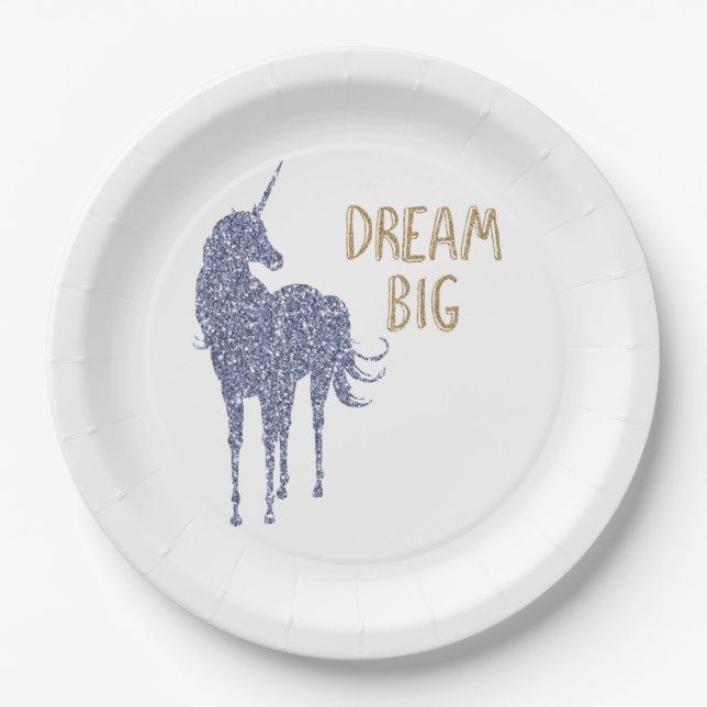 Gold Glitter Dream Big Unicorn    Paper Plate (Front)