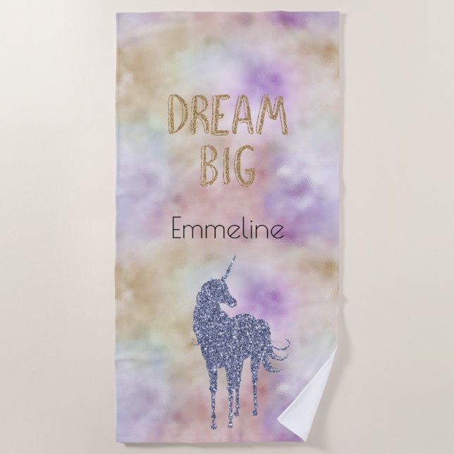 Gold Glitter Dream Big Unicorn Personalised Name   Beach Towel (Front)
