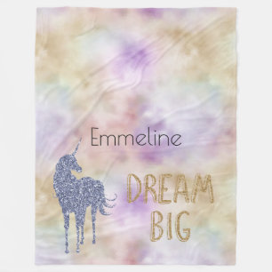 Gold Glitter Dream Big Unicorn Personalised Name Fleece Blanket