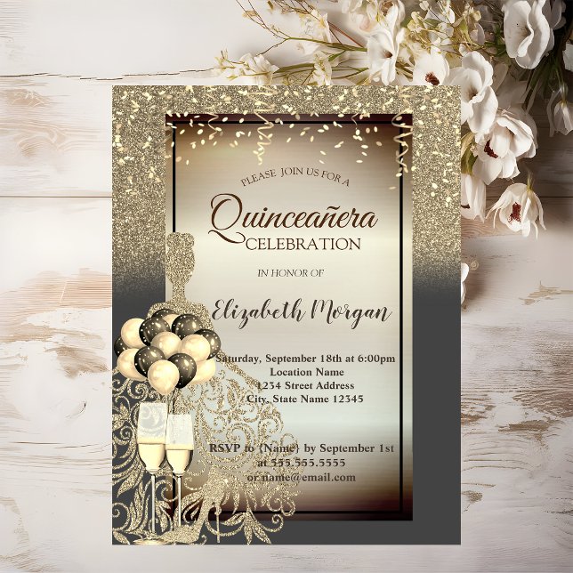 Gold Glitter Dress,Ballons,Quinceanera Celebration Invitation (Creator Uploaded)