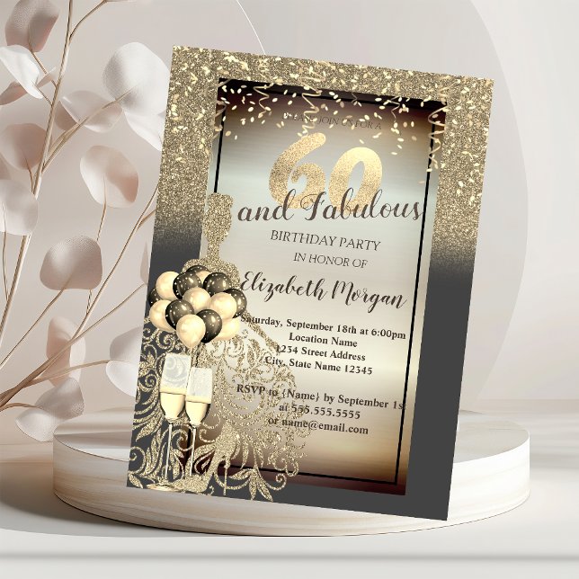 Gold Glitter Dress,Balloons,60th Birthday Party  Invitation (Creator Uploaded)