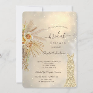 Gold Glitter Dress Boho Flowers Bridal Shower Invitation