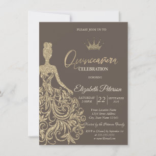 Gold Glitter Dress Brown Quinceañera Invitation