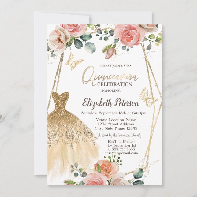 Gold Glitter Dress Butterfly Flowers Quinceanera Invitation (Front)