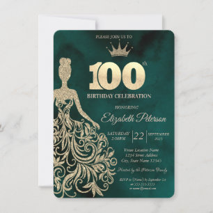Gold Glitter Dress,Diamonds Green 100th Birthday Invitation