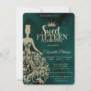 Gold Glitter Dress,Diamonds Green Sweet 15 Invitation