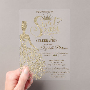 Gold Glitter Dress,Diamonds Green Sweet 16 Acrylic Invitations