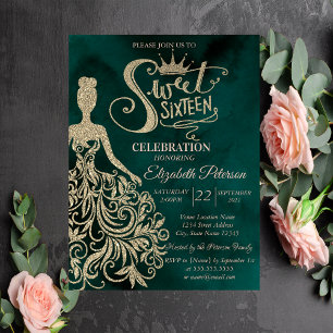 Gold Glitter Dress,Diamonds Green Sweet 16 Invitation