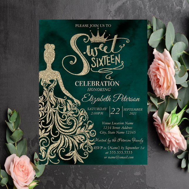 Gold Glitter Dress,Diamonds Green Sweet 16 Invitation (Creator Uploaded)