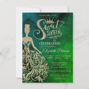 Gold Glitter Dress,Diamonds Watercolor Green  Invitation