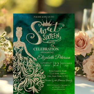 Gold Glitter Dress,Diamonds Watercolor Green Invitation