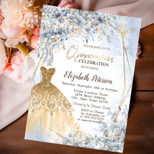 Gold Glitter Dress Flowers Butterfly Quinceanera Invitation