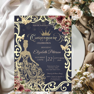 Gold Glitter Dress,Frame Butterfly Floral Invitation